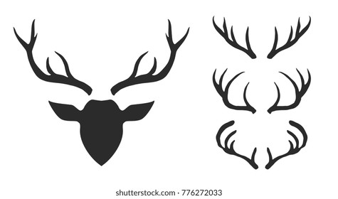 Deer, reindeer, buck head and antlers isolated. Wild animal silhouette. Set collection. Vector artwork. Black and white, monochrome. Vintage, retro style. Simple hipster fashion logo, label, branding.