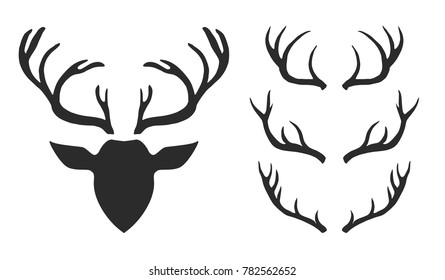 Deer, reindeer, buck head and antlers isolated. Wild animal silhouette. Set collection. Vector artwork. Black and white, monochrome. Vintage, retro style. Simple hipster fashion logo, label, branding.