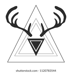 Deer, reindeer head isolated. Wild animal silhouette. Vector artwork. Black and white, monochrome.