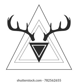 Deer, reindeer head and triangles. Geometrical logotype. Wild animal silhouette. Vector artwork. Black and white, monochrome. Vintage, retro style. Simple hipster fashion logo, label, branding.