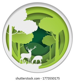 Deer, Reindeer and Rabbit in the forest with green natural background, layers Paper art, vector illustration, digital craft design.