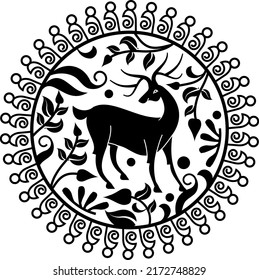 Deer rendered in Pichwai style. Indian folk art. for a coloring book, textile, fabric prints, phone cases, and greeting cards. logo, calendar
