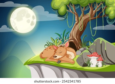 Deer resting beneath a tree in moonlight