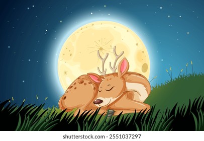 A deer rests peacefully beneath a glowing moon