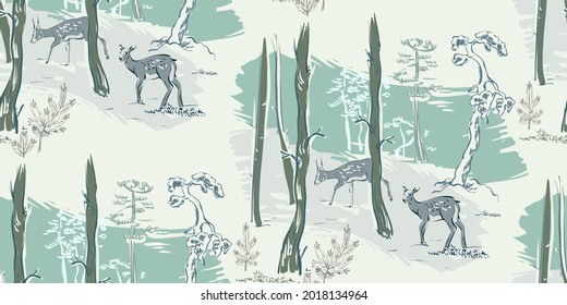 deer river japanese chinese design sketch ink paint style seamless