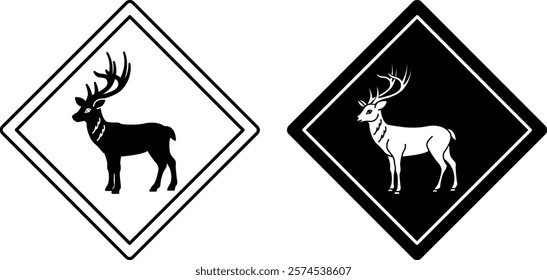 Deer Road Signs. Black and White Vector Icons. Road Sign Warning about Crossing the Road by Animals. Sticker for Zoo
