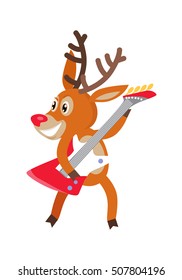 Deer rock musician cartoon. Joyful horned reindeer dancing and playing on electrical guitar flat vector illustration isolated on white background. For animal icons, musical concepts, logo, web design