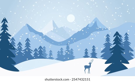 Deer Roe Animal Silhouette in Pine Trees Forest with Ice Mountain View in Snow Winter Season