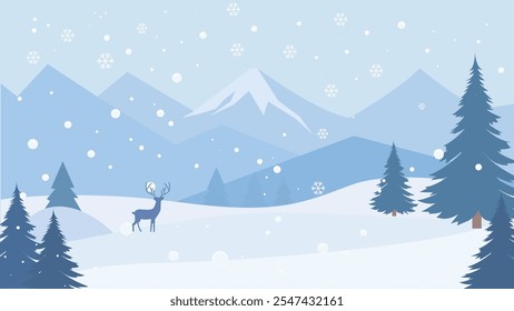 Deer Roe Animal Silhouette in Pine Trees Forest with Ice Mountain View in Snow Winter Season