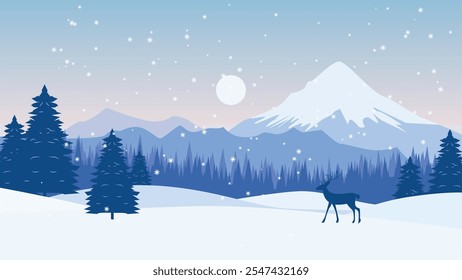 Deer Roe Animal Silhouette in Pine Trees Forest with Ice Mountain View in Snow Winter Season