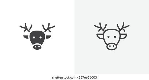 Deer rudolph icon set in black flat solid and outlined style.