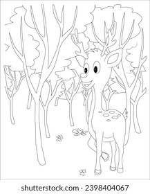 Deer run in the forest  colouring page for children 