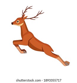 Deer run and jump. Hoofed ruminant mammals. Cartoon animal design. Cute deer with antlers. Flat vector illustration isolated on white background.