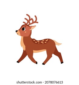 Deer is running. Cute brown spotted deer with horns. Forest wild animal. Vector cartoon illustration. Isolated on white background.