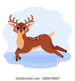 El ciervo está corriendo. Cría marrón con cuernos. Animales silvestres forestales. Hora de invierno. Ilustración de dibujos animados. Aislado sobre fondo blanco.