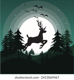 Deer running in forest and beautiful night scenery, vector illustration.