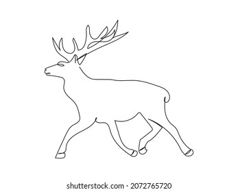 Deer running one line art. Continuous line drawing of new year, freezing, holidays, elk, horns, animal, forest, wild animal, helper of Santa Claus, north pole.