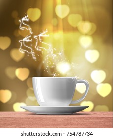 deer running over coffee cup with heart shape boken background 