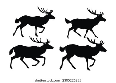 El venado está ejecutando el diseño del paquete de siluetas. Diseño vectorial de roca salvaje sobre fondo blanco. Gazela de pie en diferentes posiciones colección de siluetas. El vector de la silueta de caminata de ciervos Stag.