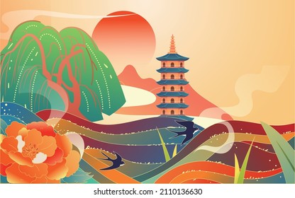 A deer is running vector illustration with willow trees and buildings in the background