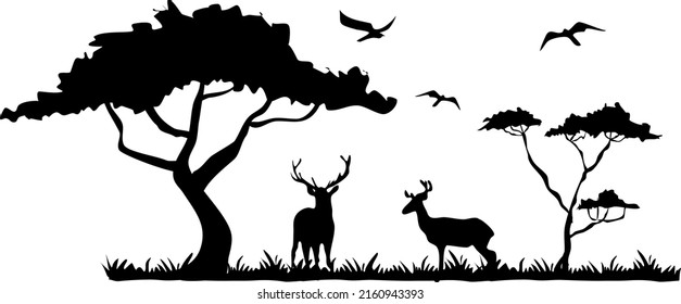 Deer Safari And Oak Tree Silhouette Vector Design