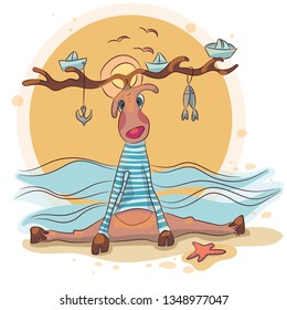 Deer sailor sits on the beach. The sun is beyond the horizon. Seagulls fly over the waves. Starfish on the sand. Playful character. Vector illustration