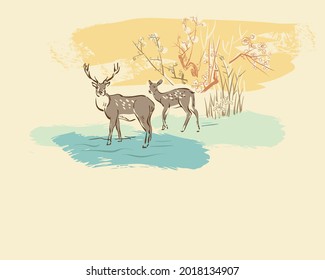 deer sakura card naturaleza paisaje vista paisaje tarjeta horizontal dibujo vectorial ilustración japonés chino línea oriental