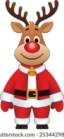 Um veado em traje de Papai Noel. Desenho vetorial de um personagem de veado.