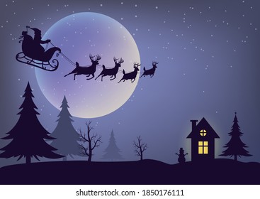 Deer and santa claus driving in a sleigh with snow in the winter season and marry christmas.vector paper art and digital craft style.
