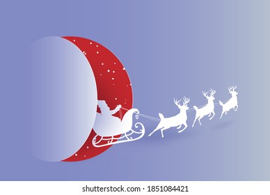 Deer and Santa Claus flying a sleigh in snow during winter season. Merry Christmas design. Vector paper art, digital craft style.