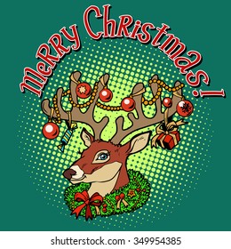 Deer Santa Claus merry Christmas pop art retro style. Animal with horns. Celebrations and congratulations. The symbol of Christmas and new year