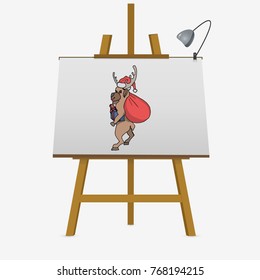 Deer of Santa Claus, New Year's deer with gift sack. Hand drawn vector illustration