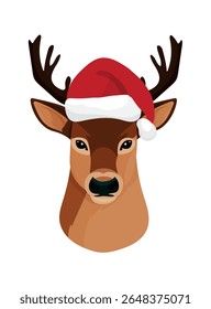 Ciervos con sombrero de Santa, Navidades. Clipart de Vector plano, ilustración con fondo aislado.