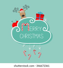 Deer in Santa hat, giftbox, snowflake, ball. Merry Christmas card. Hanging Candy Cane. Dash line with bow. Flat design. Blue background. Vector illustration