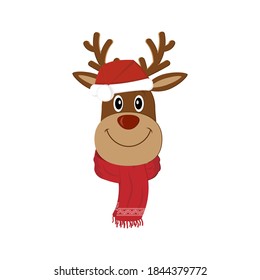 Deer in Santa hat and red scarf, color vector illustration isolated on white background, clipart, design, decoration, banner, logo, greeting card