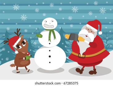 Deer and santa making snowman