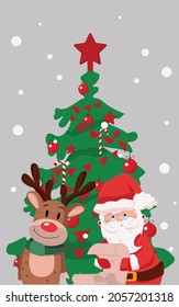 deer and santa under the tree are reading the list. vector illustration