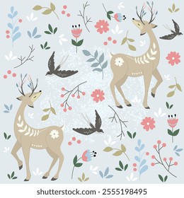 deer in Scandinavian style, decorative composition, coloring book for children