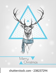 The deer with a scarf around his neck. Winter greeting card.