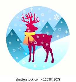 A deer with a scarf on a winter background. Picture of a red deer with a yellow scarf. Against the background of a snowy forest and snowfall
