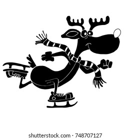 Deer in a scarf runs on skates. Black silhouette on a white background.