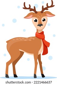 Deer in a scarf stands on a white background. Christmas character