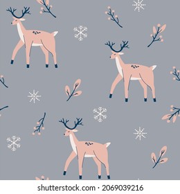 Deer seamless pattern. Christmas background with twigs berries snowflakes and deer. Perfect for textile, wallpaper or print design. Hand Draw Vector illustration.