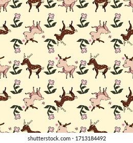 Deer Seamless Pattern, Dear trying to touch a sweet flower