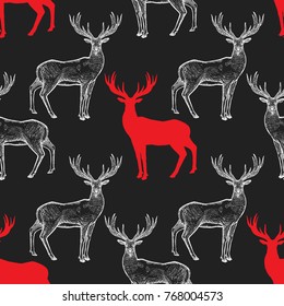 Deer. Seamless pattern with drawing animals and silhouettes. Hand graphic of wildlife. Vector illustration art. Red, black, white. Old engraving. Vintage. Design for fabrics, paper, textiles, fashion