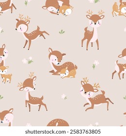 Deer seamless pattern. Forest wild deers, mother and baby animals. Cartoon print for fabric wallpaper wrapping design. Nature nowaday vector background