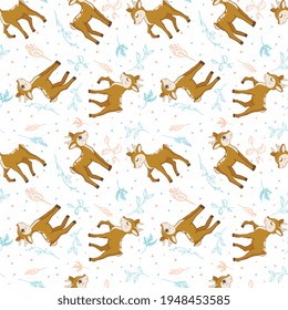 Deer seamless pattern with leaves and flowers on a white background. Vector seamless pattern. Flower illustration. Nature design. Thanksgiving day. Autumn season with a cute forest animal