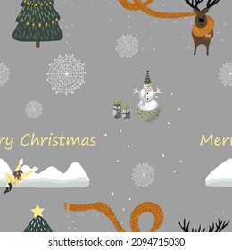 Deer seamless pattern with long Christmas scarf, herringbone, snowman and gifts, snowy hills, mountains, snowfall.