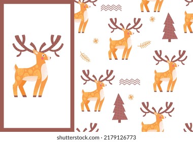 Deer seamless pattern. Repeating graphic element for printing on bed linen. Autumn season and inhabitants of forest. Design for greeting and invitation postcard. Cartoon flat vector illustration