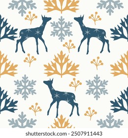 Hirsch nahtlose Muster Silhouette Stil mit Bäumen und Schneeflocken